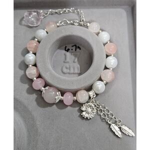 Pink/ White Wire Bracelet with Silver Sunflower and feathers Dangle #478